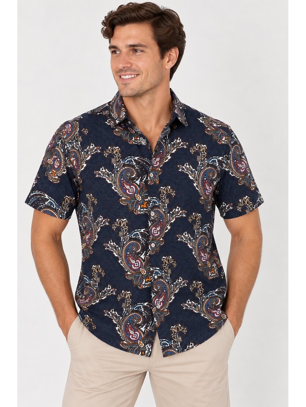 Ted Baker Men's Retro 70s Paisley Short Sleeve Shirt Size 5 Navy 100% Cotton